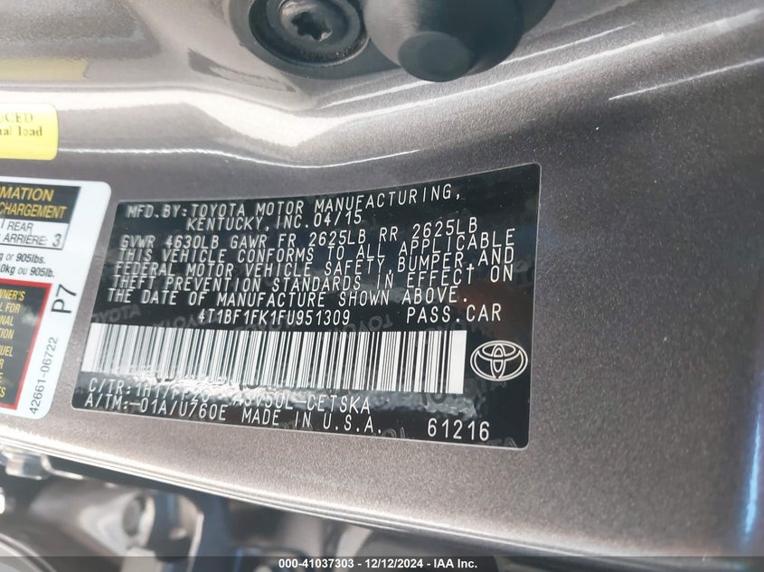 2015 TOYOTA CAMRY VIN: 4T1BF1FK1FU951309