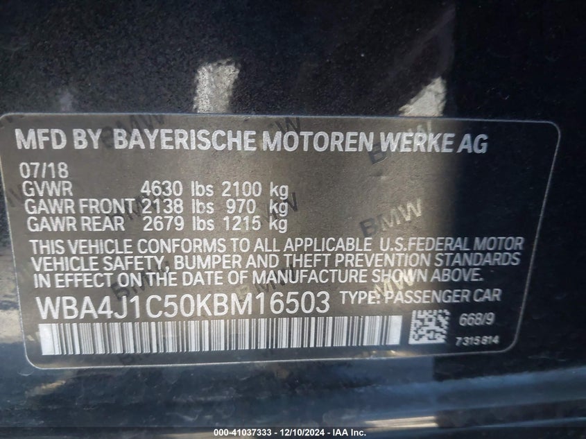 2019 BMW 430I GRAN COUPE VIN: WBA4J1C50KBM16503