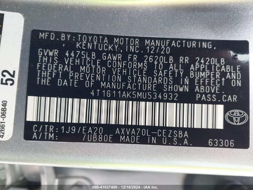 VIN 4T1G11AK5MU534932 2021 TOYOTA CAMRY no.9