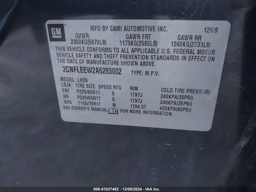 2010 Chevrolet Equinox Lt VIN: 2CNFLEEW2A6283002 Lot: 41037452