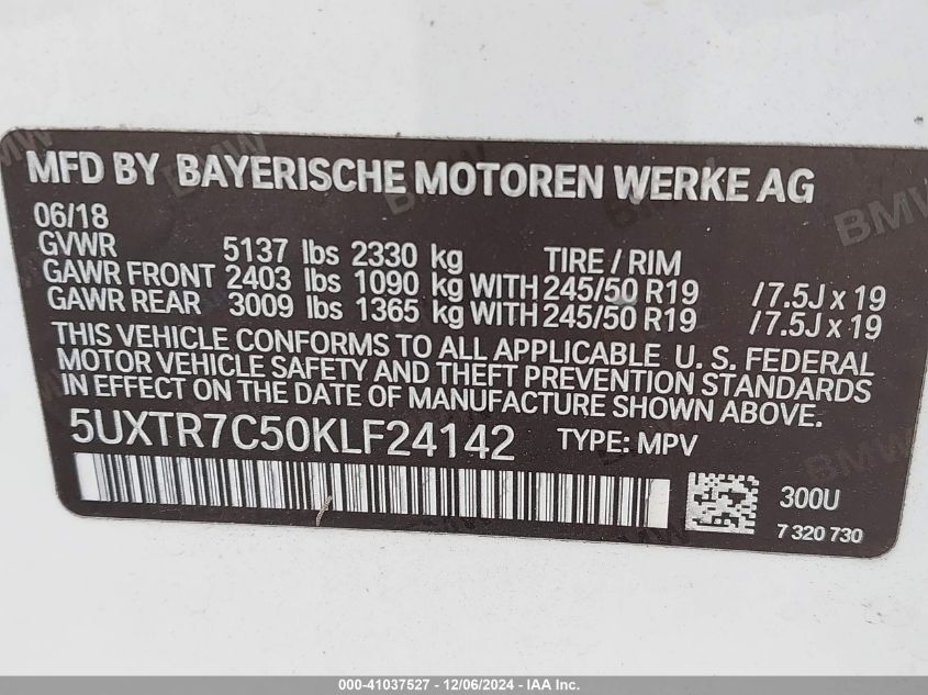 VIN 5UXTR7C50KLF24142 2019 BMW X3, Sdrive30I no.9