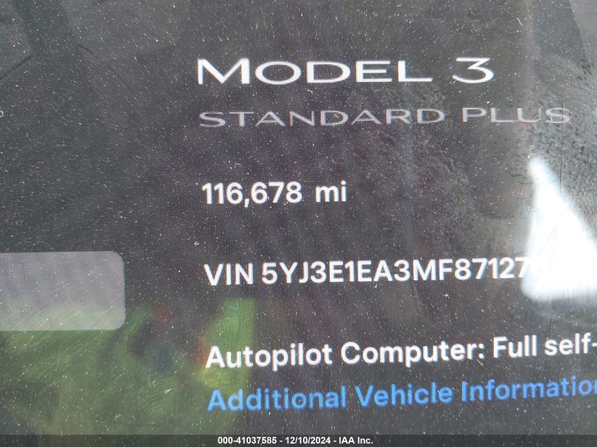 2021 Tesla Model 3 Standard Range Plus Rear-Wheel Drive VIN: 5YJ3E1EA3MF871276 Lot: 41037585