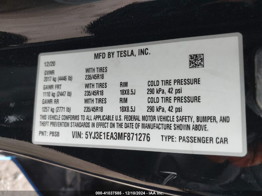 2021 Tesla Model 3 Standard Range Plus Rear-Wheel Drive VIN: 5YJ3E1EA3MF871276 Lot: 41037585