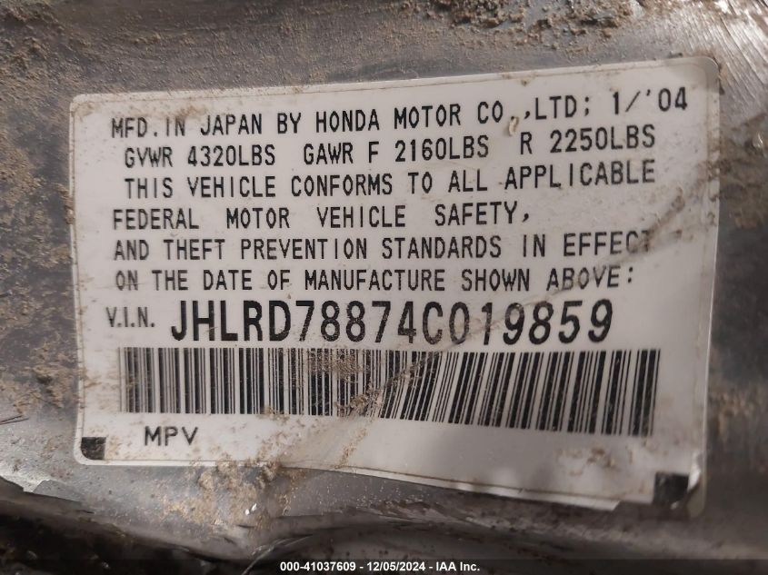 2004 Honda Cr-V Ex VIN: JHLRD78874C019859 Lot: 41037609