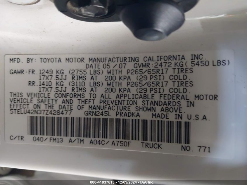 2007 Toyota Tacoma Double Cab VIN: 5TELU42N37Z428477 Lot: 41037613