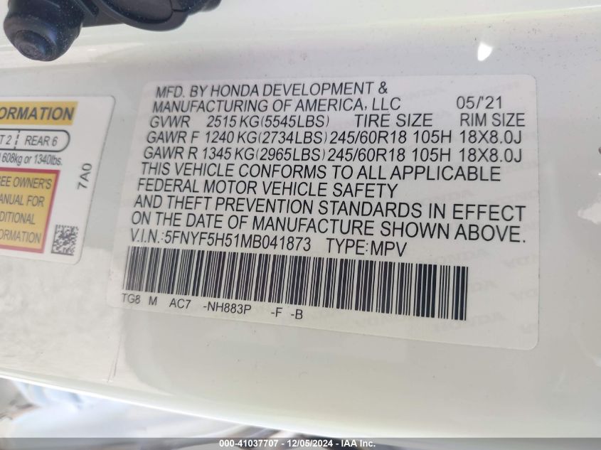 VIN 5FNYF5H51MB041873 2021 HONDA PILOT no.9