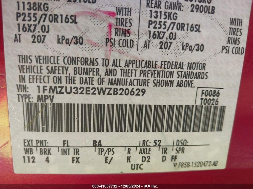 1998 Ford Explorer Eddie Bauer/Limited/Xl/Xlt VIN: 1FMZU32E2WZB20629 Lot: 41037732