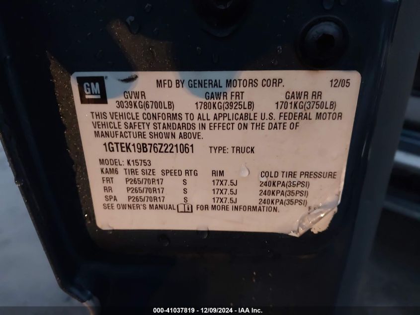 2006 GMC Sierra 1500 Slt VIN: 1GTEK19B76Z221061 Lot: 41067142