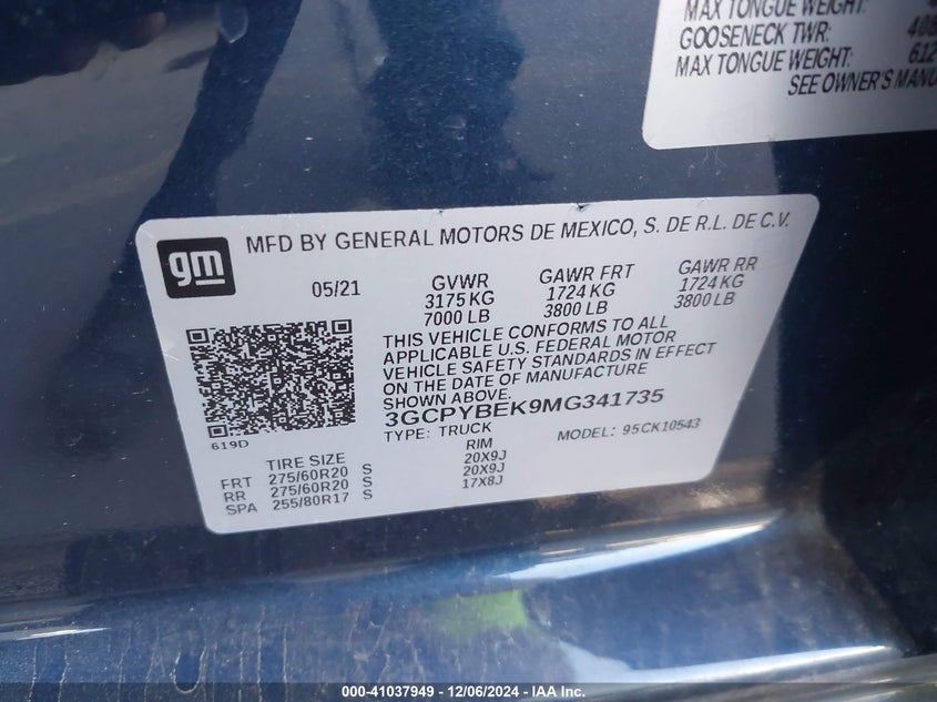 2021 CHEVROLET SILVERADO 1500 VIN: 3GCPYBEK9MG341735