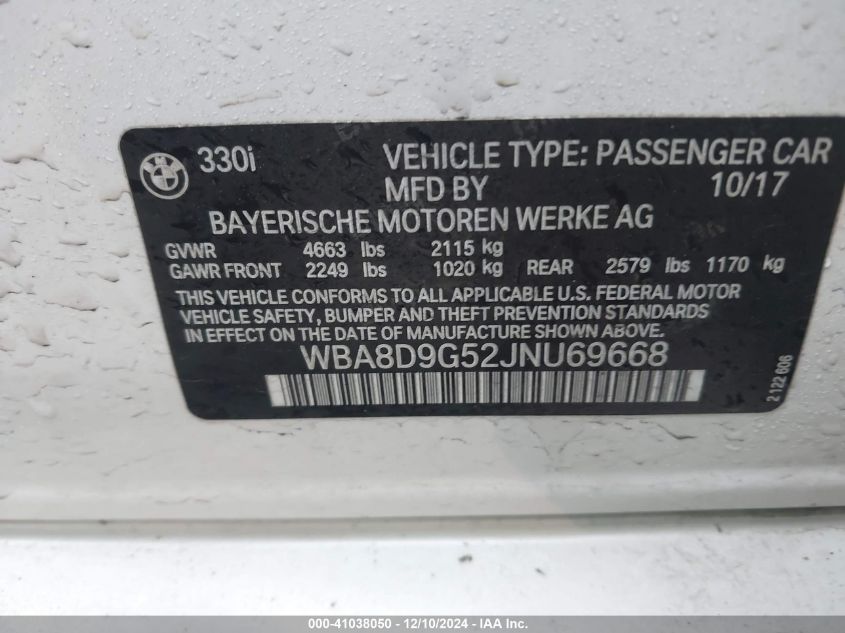 VIN WBA8D9G52JNU69668 2018 BMW 3 Series, 330I Xdrive no.9