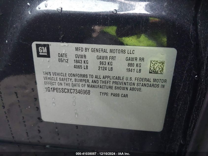 2012 Chevrolet Cruze Lt VIN: 1G1PE5SCXC7346968 Lot: 43372420