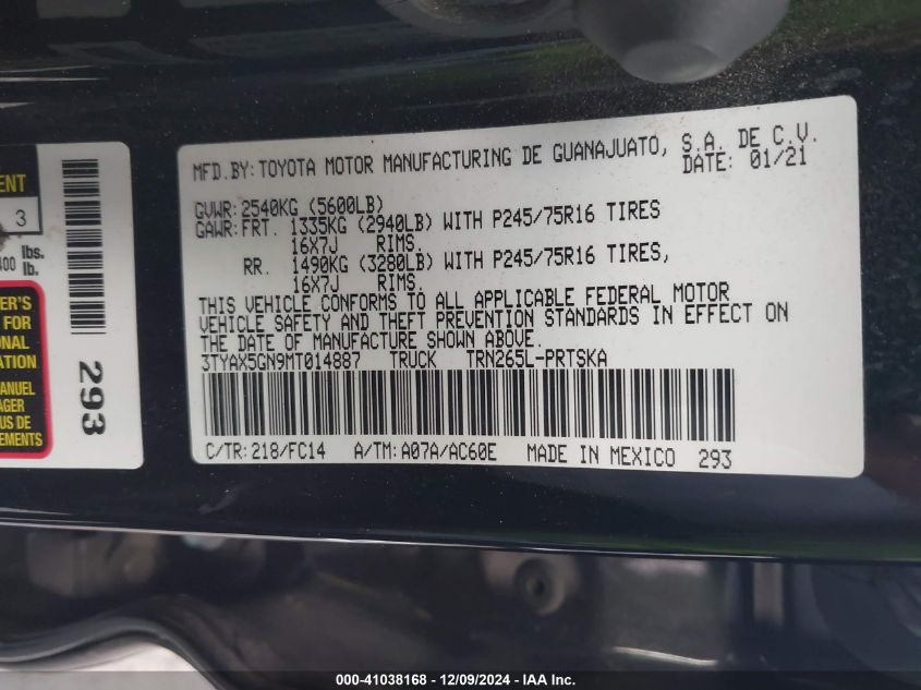 2021 Toyota Tacoma Sr5 VIN: 3TYAX5GN9MT014887 Lot: 41038168