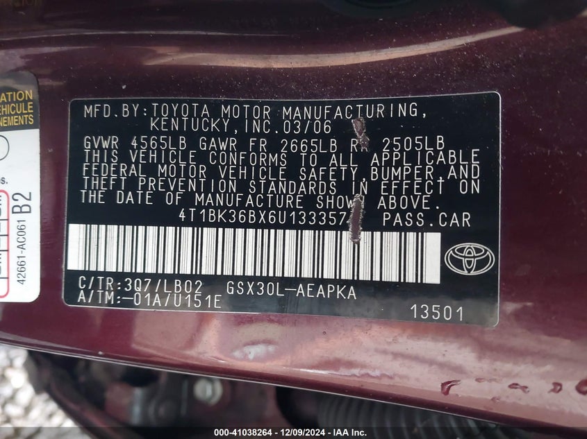 2006 TOYOTA AVALON VIN: 4T1BK36BX6U133357