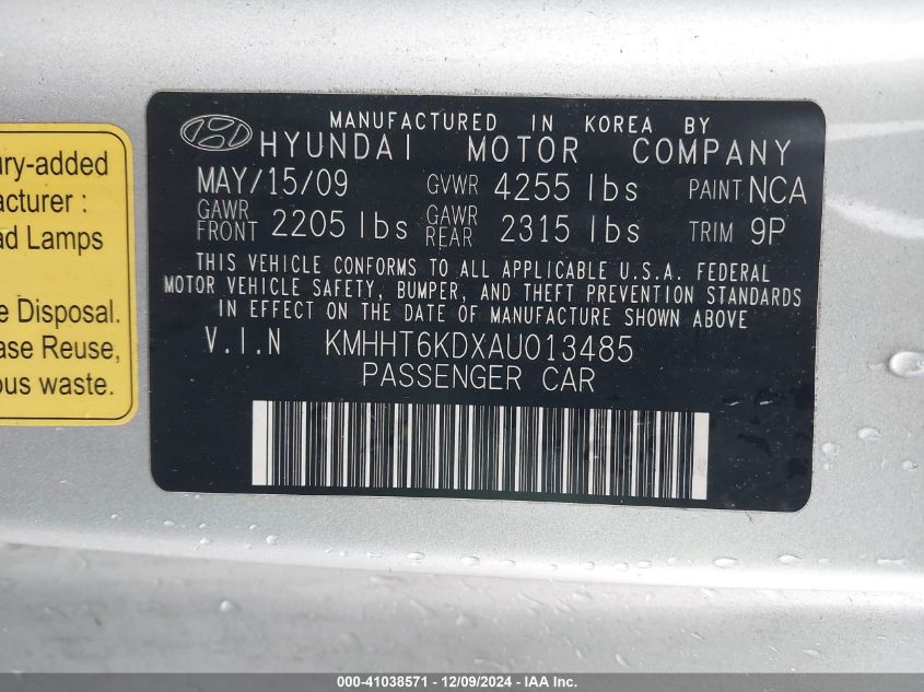 2010 Hyundai Genesis VIN: KMHHT6KDXAU013485 Lot: 41038571