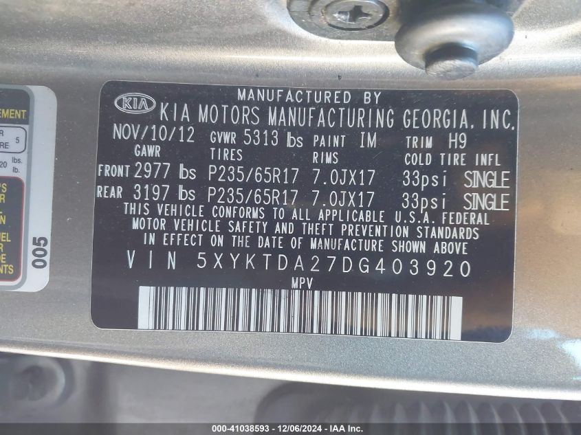 2013 Kia Sorento Lx V6 VIN: 5XYKTDA27DG403920 Lot: 41038593