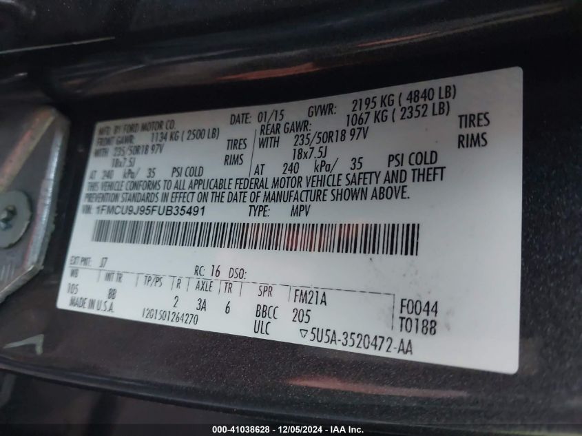 VIN 1FMCU9J95FUB35491 2015 Ford Escape, Titanium no.9