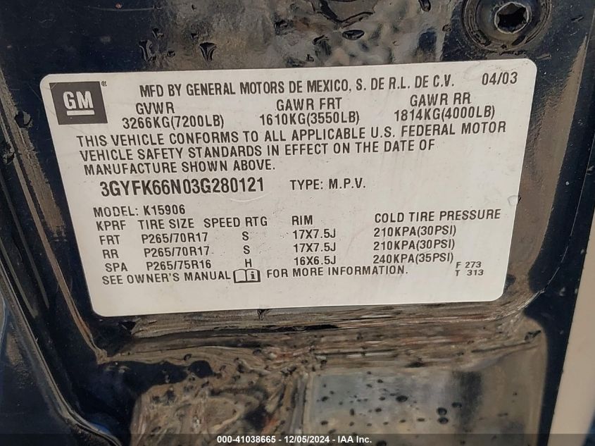 2003 Cadillac Escalade Esv Standard VIN: 3GYFK66N03G280121 Lot: 41038665