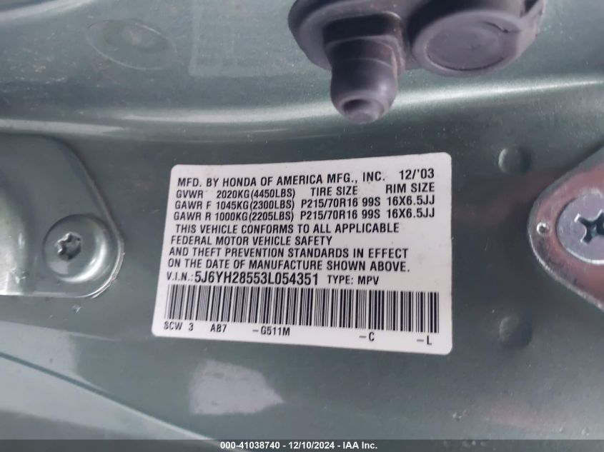 2003 Honda Element Ex VIN: 5J6YH28553L054351 Lot: 41038740