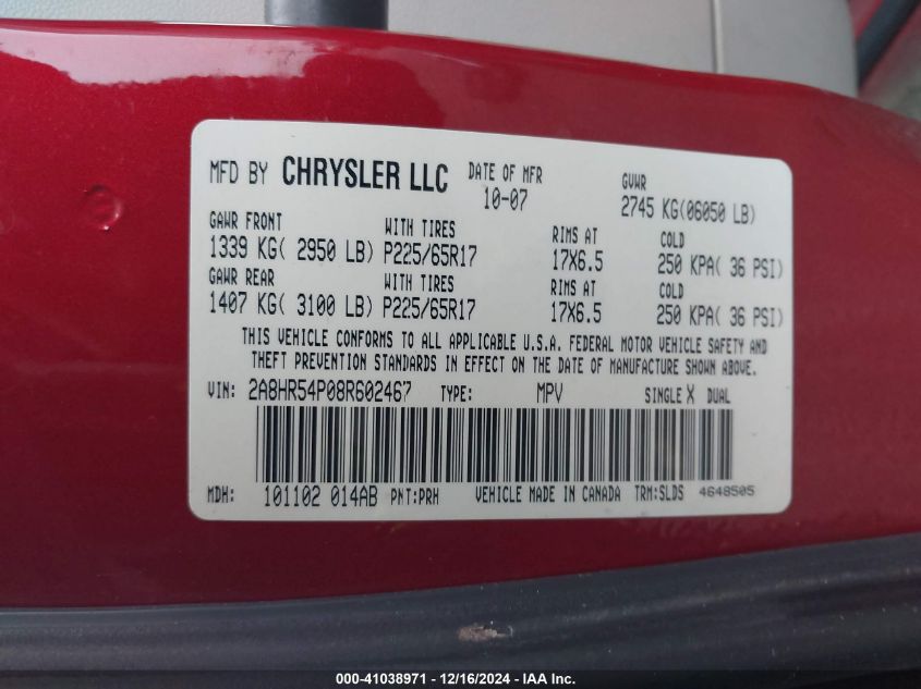 2008 Chrysler Town & Country Touring VIN: 2A8HR54P08R602467 Lot: 41038971