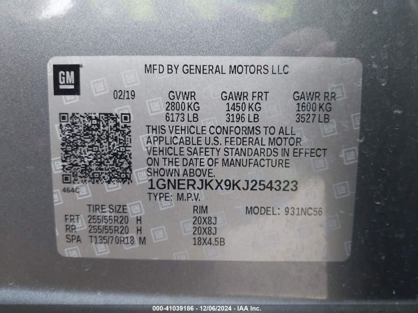 2019 Chevrolet Traverse Rs VIN: 1GNERJKX9KJ254323 Lot: 41039186