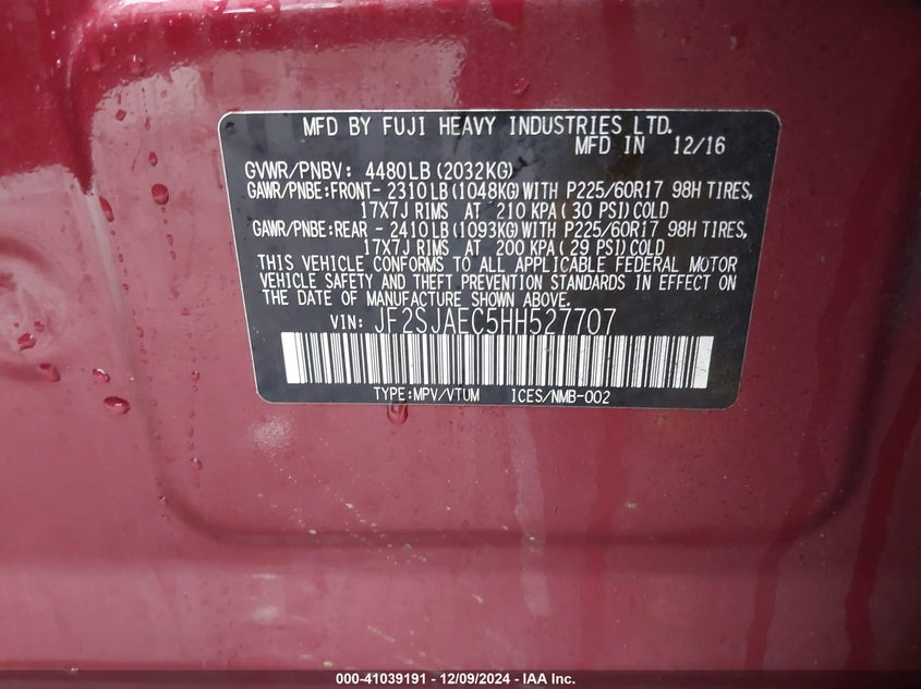 2017 SUBARU FORESTER 2.5I PREMIUM - JF2SJAEC5HH527707