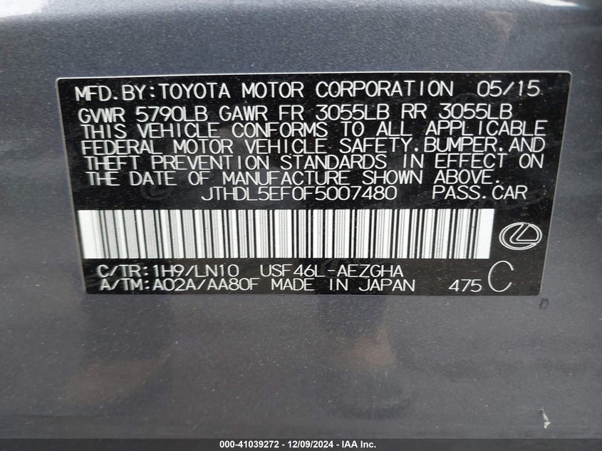 2015 LEXUS LS 460 L - JTHDL5EF0F5007480