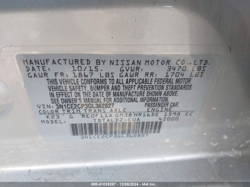 VIN 3N1CE2CP3GL362827 2016 NISSAN VERSA NOTE no.9