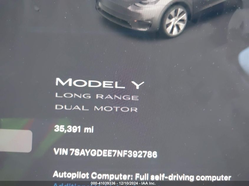 VIN 7SAYGDEE7NF392786 2022 TESLA MODEL Y no.15