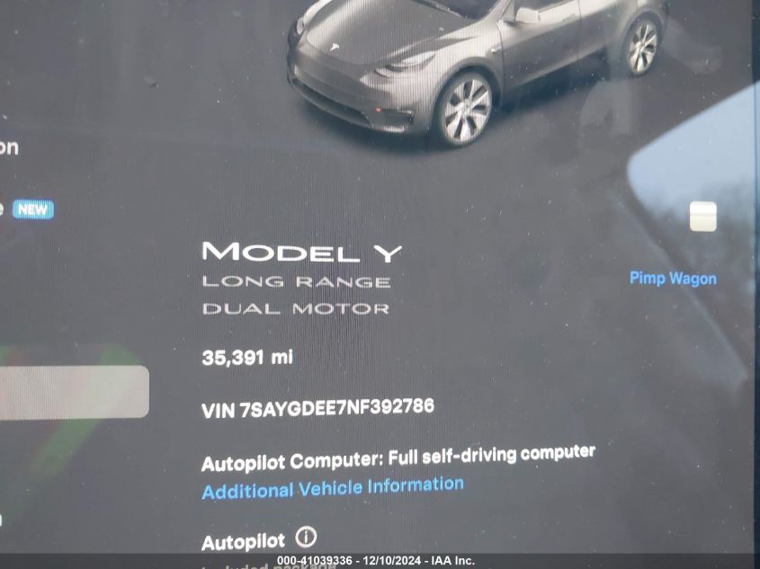 VIN 7SAYGDEE7NF392786 2022 TESLA MODEL Y no.7