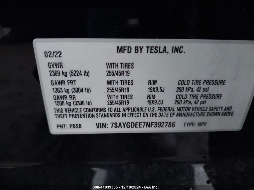 VIN 7SAYGDEE7NF392786 2022 TESLA MODEL Y no.9