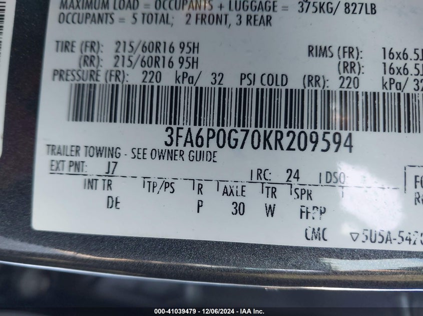2019 FORD FUSION VIN: 3FA6P0G70KR209594