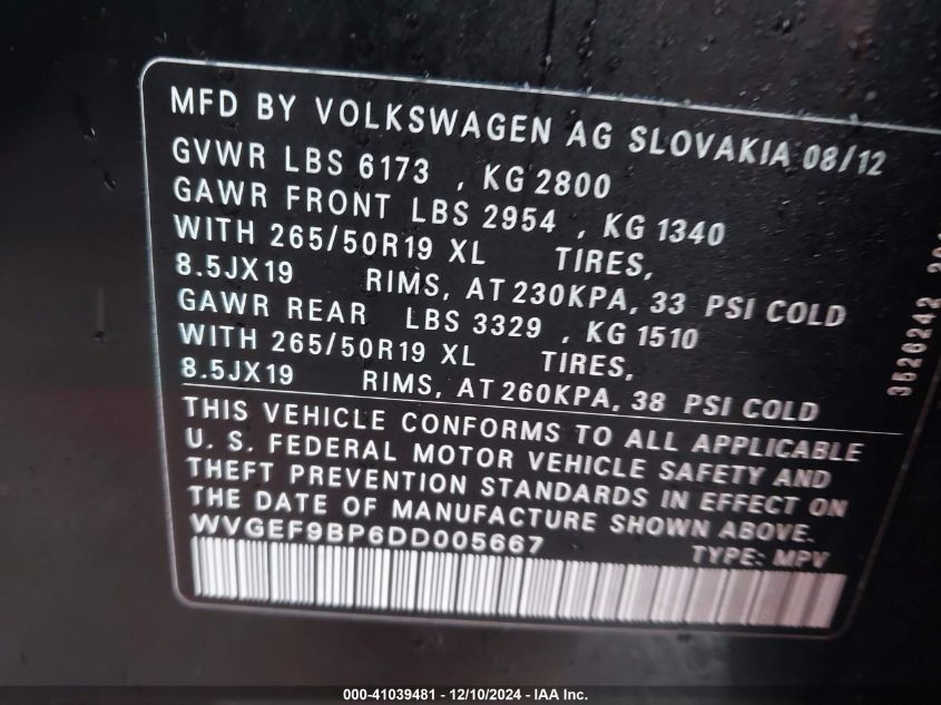 VIN WVGEF9BP6DD005667 2013 VOLKSWAGEN TOUAREG no.9