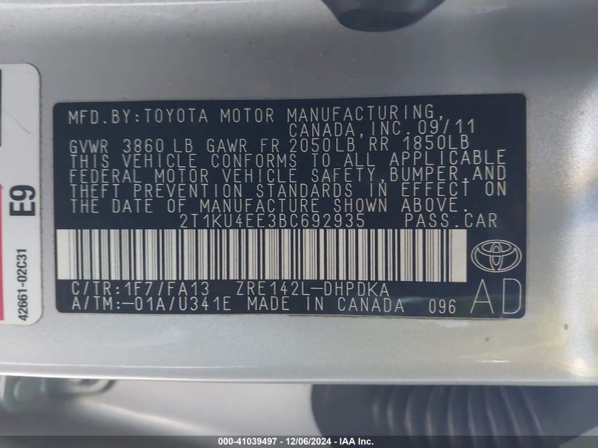 2011 Toyota Matrix VIN: 2T1KU4EE3BC692935 Lot: 41039497