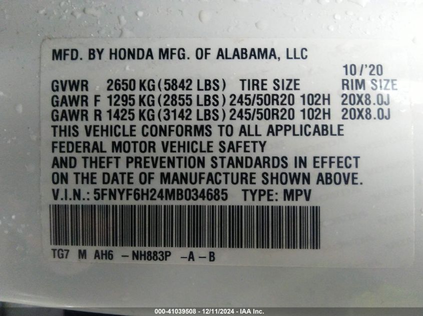 VIN 5FNYF6H24MB034685 2021 Honda Pilot, Awd Special... no.9