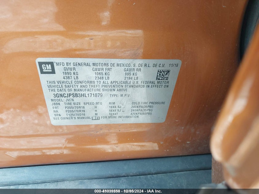 2017 CHEVROLET TRAX LT - 3GNCJPSB3HL171879