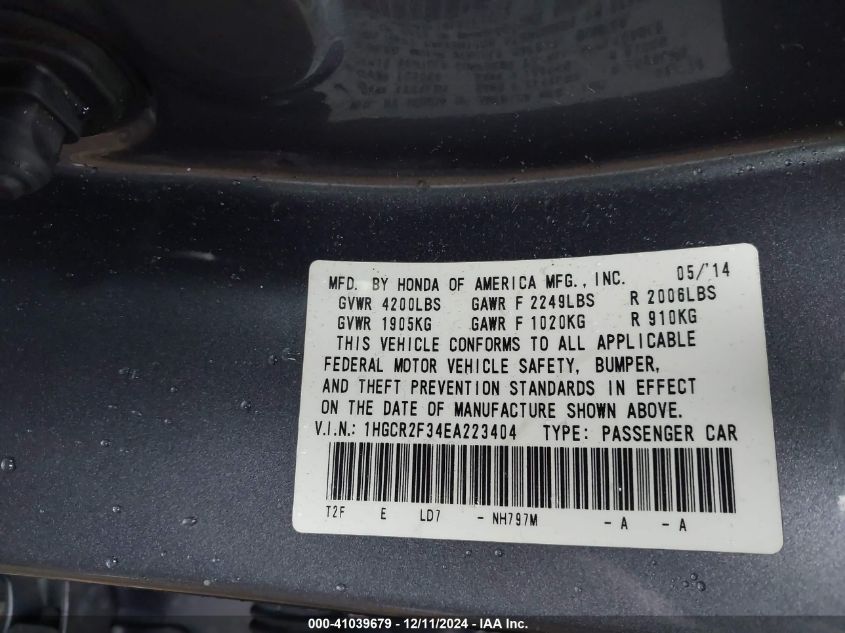 VIN 1HGCR2F34EA223404 2014 Honda Accord, LX no.9