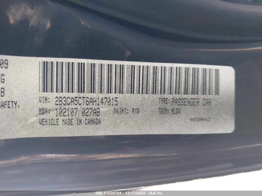 2010 Dodge Charger Sxt VIN: 2B3CA3CVXAH165703 Lot: 41039764