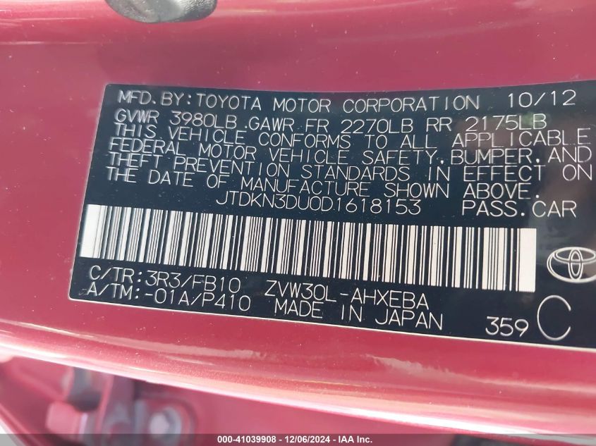 VIN JTDKN3DU0D1618153 2013 Toyota Prius, Two no.9