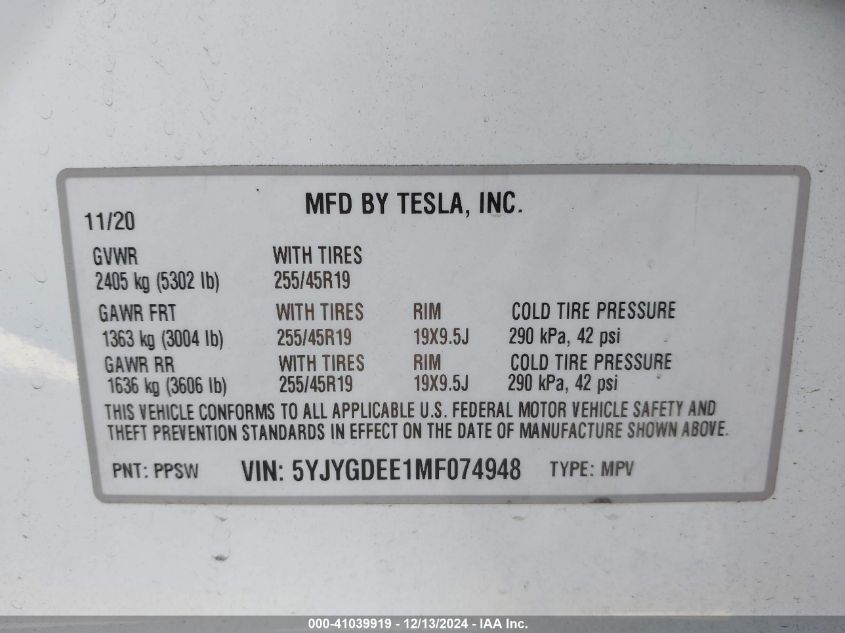 2021 Tesla Model Y Long Range Dual Motor All-Wheel Drive VIN: 5YJYGDEE1MF074948 Lot: 41039919