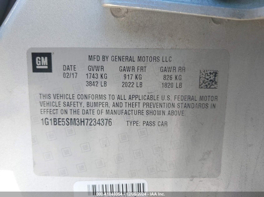 2017 CHEVROLET CRUZE VIN: 1G1BE5SM3H7234376