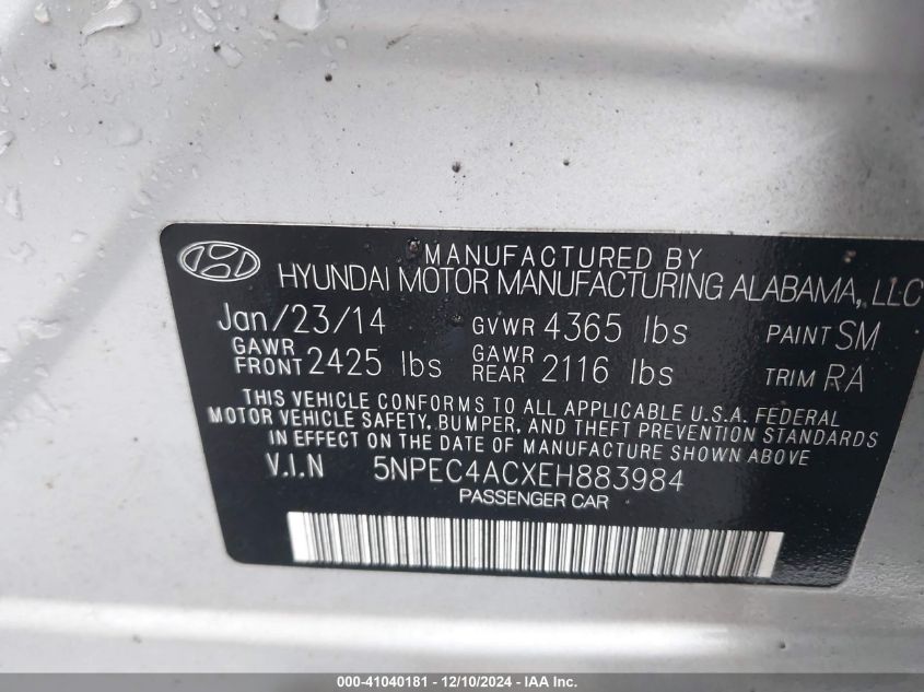 VIN 5NPEC4ACXEH883984 2014 Hyundai Sonata, SE no.9