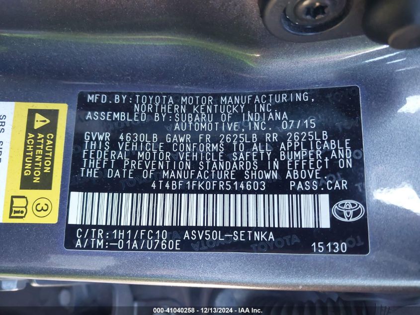 VIN 4T4BF1FK0FR514603 2015 Toyota Camry, LE no.9