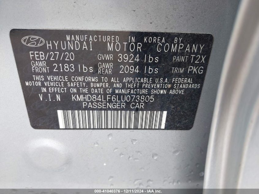 VIN KMHD84LF6LU073805 2020 Hyundai Elantra, Value E... no.9