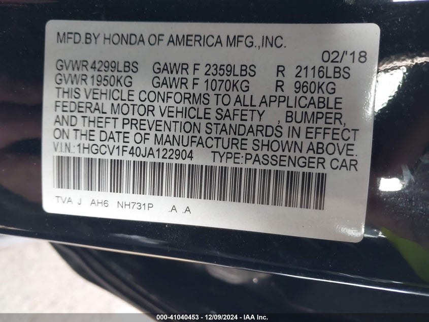 2018 HONDA ACCORD VIN: 1HGCV1F40JA122904