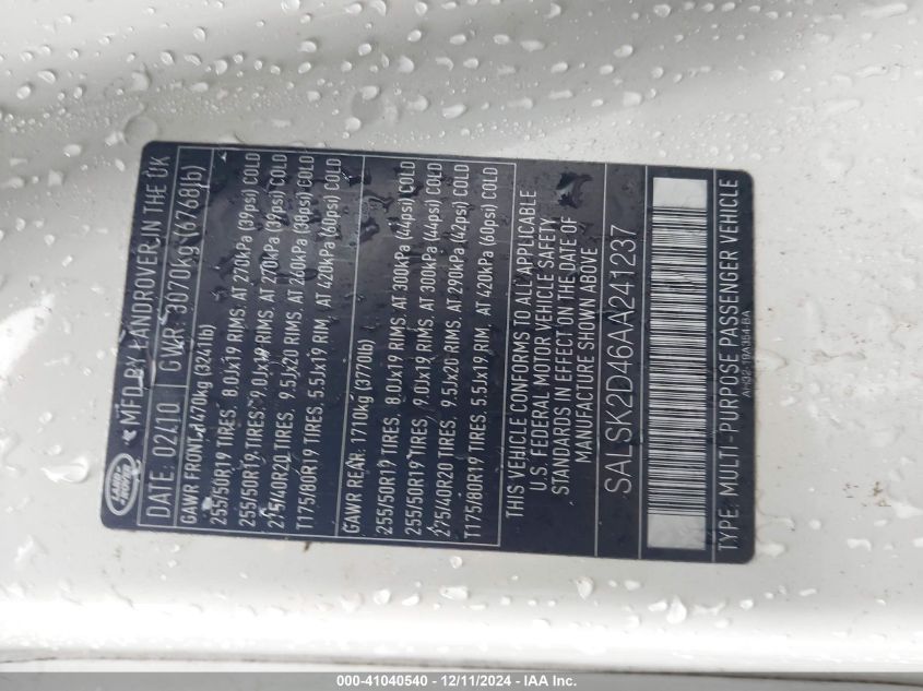 2010 Land Rover Range Rover Sport Hse VIN: SALSK2D46AA241237 Lot: 41040540