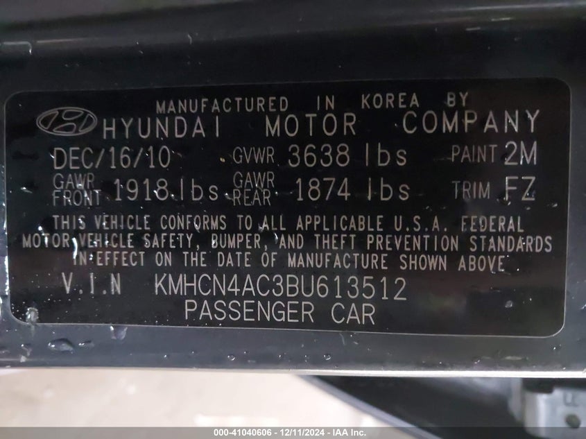 2011 Hyundai Accent Gls VIN: KMHCN4AC3BU613512 Lot: 41040606