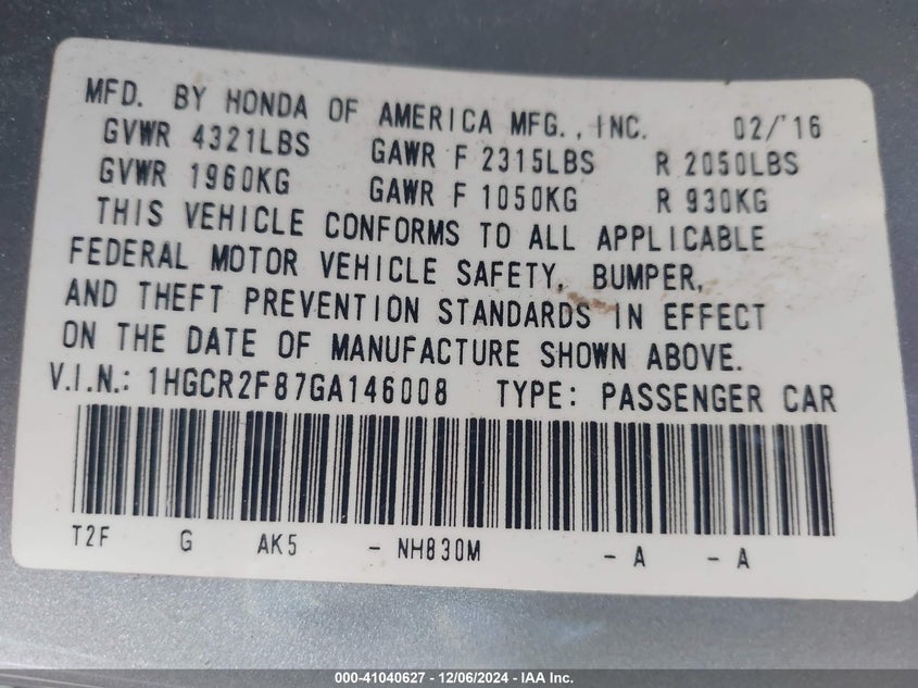 2016 HONDA ACCORD VIN: 1HGCR2F87GA146008