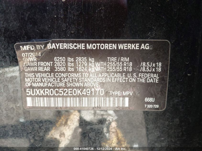 VIN 5UXKR0C52E0K49170 2014 BMW X5, Xdrive35I no.9