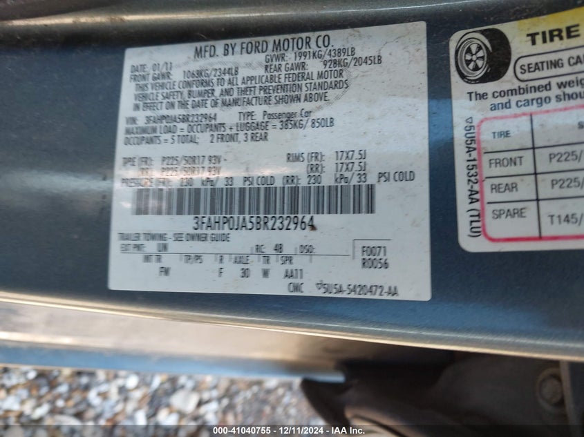 2011 FORD FUSION VIN: 3FAHP0JA5BR232964