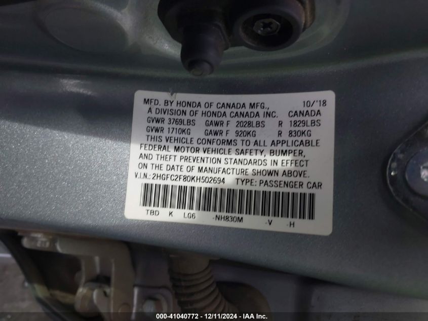 VIN 2HGFC2F80KH502694 2019 Honda Civic, Sport no.9